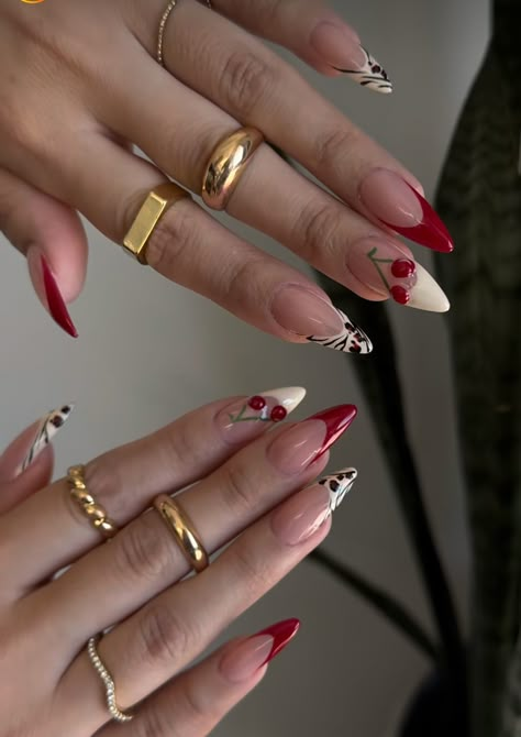 Cherry Inspo Nails, Red Gel Nails Almond, Red French Tip With Pearls, Red Nails With Cherry, Unique Red Nails, Cherry Red Nail Designs, Cherry Red Almond Nails, Cherry Almond Nails, Red Nail Inspo Acrylic