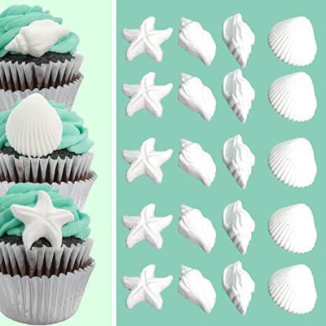 Amazon.com: 24pk Seashells and Starfish Sugar Decoration Toppers for Cakes Cupcakes Cake Pops with SeaShell Decorating Stickers : Grocery & Gourmet Food Chocolate Toppers, White Seashells, Beach Themed Cakes, Silver Cake Topper, Mermaid Cupcakes, Basic Cookies, Best Edibles, Edible Printer, Beach Cakes