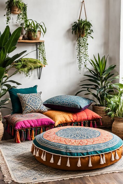 A boho mediation corner at home Meditation Nook In Bedroom, Meditation Corner In Bedroom, Home Zen Space, Meditation Space In Bedroom, Boho Meditation Space, Meditation Nook, Yoga Corner, Peaceful Meditation, Reiki Room