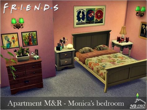 Monica Room Friends, Monica's Bedroom Friends, Sims 4 Cc Friends Tv Show, Friends Apartment Decor, Friends Apartment, Sims 4 Bedroom, Sims Ideas, Sims House Design, Miniatures Tutorials