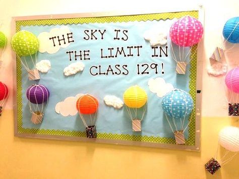 The Sky is the Limit in Class... a sweet and easy bulletin board! Hot Air Balloon Classroom Theme, Spring Bulletin, Spring Bulletin Boards, Preschool Bulletin, Preschool Bulletin Boards, Back To School Bulletin Boards, The Sky Is The Limit, Sky Is The Limit, Classroom Bulletin Boards