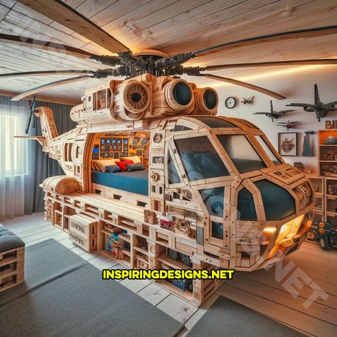 These Helicopter Pallet Beds Offer an Unforgettable Bedtime Adventure for Aspiring Aviators – Inspiring Designs Helicopter Bedroom Ideas, Bed Made From Pallets, Cool Bedrooms For Boys, Make A Bed, Amazing Bedroom Designs, Sleeping Quarters, Crate Bed, Pallet Beds, Pallet Designs