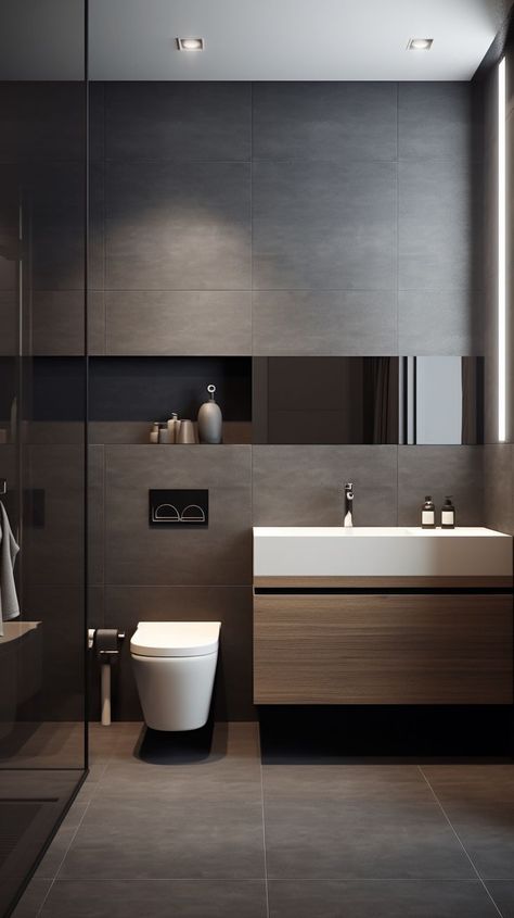 Modern Bathroom Dark Floor, Black Gray And Wood Bathroom, Modern Grey Bathroom Design, Grey Toilet Design, Small Grey Bathroom Ideas, Modern Bathroom Design Grey, Dark Grey Bathroom, Gray Bathrooms, Masculine Apartment