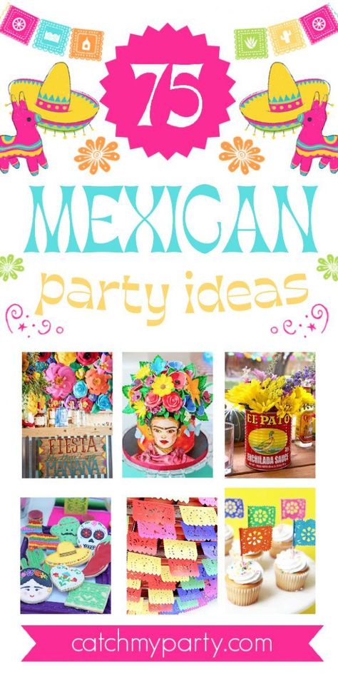 If you are throwing a Mexican fiesta don't miss all the 75 fabulous Mexican-themed party ideas we've rounded up for you. There are so many popular themes to choose from when planning a Mexican party, such as a summer fiesta to a Day of the Dead party, or even a Frida Kahlo one! We've rounded up so many amazing ideas that your party is guaranteed to be the talk of the town! See more party ideas and share yours at CatchMyParty.com Mexican Party Ideas, Minecraft Bingo, Gumball Necklace, Baby Shower Party Food, Mexican Themed Party, Chalkboard Party, Graduation Chalkboard, Mexico Party, Party Chair