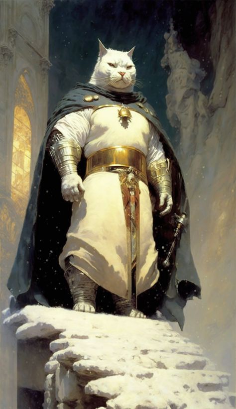 a painting of a cat dressed as a knight, by Frank Frazetta, ancient kings in white robes, craig mullins dark key, wearing gold armor, (snow) A medieval anthropomorphic white cat glacial warlock, a massive glacial fortress, by Syd Mead, Donato Giancola, Paul Lehr, Frazetta, Frank Miller, cinematic lighting, raking light Donato Giancola, Craig Mullins, White Robes, Syd Mead, Ancient Kings, Gold Armor, Happy V Day, Birthday Collage, Cinematic Lighting