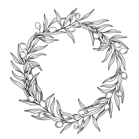 Sketch wreath of olive branch with berries and leaves. Hand drawn vector line art frame illustration. Black and white drawing of the symbol of Italy or Greek for cards, design logo, tattoo. Line Art Frame, Olive Branch Wreath, Branch Drawing, Wreath Tattoo, Plate Drawing, Illustration Black And White, Vector Line Art, Olive Wreath, Vintage Wreath