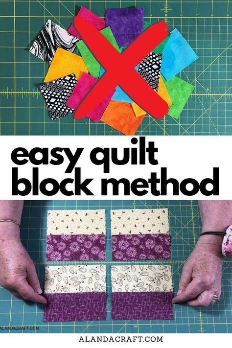 This is an easy and quick way to sew together a patchwork quilt block. You don't need to cut little squares and pain stakingly sew them all together. This makes is super easy. Step-by-step tutorial. Quilt Patterns Easy Squares, Sewing Machine Quilt Block, Beginner Quilt Patterns Free, Easy Quilting Techniques, Beginner Quilt Tutorial, 4 Patch Quilt, Quick Quilts, Quilt Blocks Easy, Sewing Machine Quilting