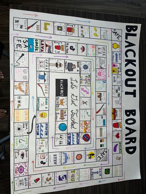 Drinking board game I made, all hand drawn with sharpie and fine tip markers Personalized Board Games, Drinking Board, Beer Pong Table Designs, Drunk Games, Drinking Board Games, Homemade Board Games, Diy Party Games, Funny Party Games, Paint And Drink