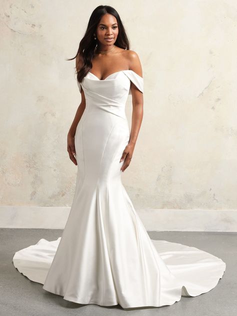 Asymmetrical draped bodice wedding gown Mikado Wedding Dress, Neck Wedding Dress, Draped Bodice, Maggie Sottero Wedding Dresses, Designer Wedding Gowns, Maggie Sottero, Satin Wedding, Plus Size Wedding, Perfect Wedding Dress