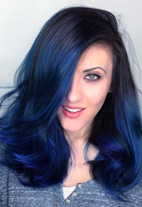 Gorgeous blue hair doesn’t have to be complicated – just look at this simple style? Rich and metallic midnight blue pairs perfectly with naturally dark roots, and as long as the hair is healthy there is enough natural shine. Blue Tinted Hair, Blue Black Hair Dye, Royal Blue Hair, Blue Black Hair Color, Blue Hair Color, Dyed Tips, Hair Dye Tips, Dyed Hair Blue, Blue Black Hair