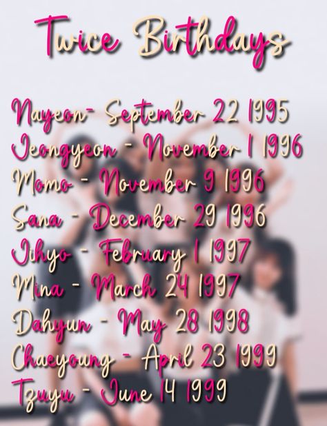 Twice Age Order, Twice Birthday Date List, Twice Birthday List, Twice Birthday Date, Twice Birthday, Twice Names, Twice Birthdays, Kpop Birthday, 30 Day Drawing Challenge