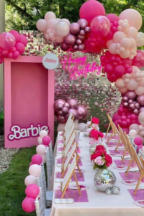 10 Fall Backyard Birthday Party Ideas for Kids - One Sweet Nursery Kids Backyard Party Ideas, Barbie 16th Birthday Party, Barbie Decor Ideas, Barbie Backdrop Ideas, 5th Barbie Birthday Party, Barbie Decorations Birthday Party Ideas, Kids Barbie Birthday Party, Barbie Kids Party, Barbie Bday Party Ideas