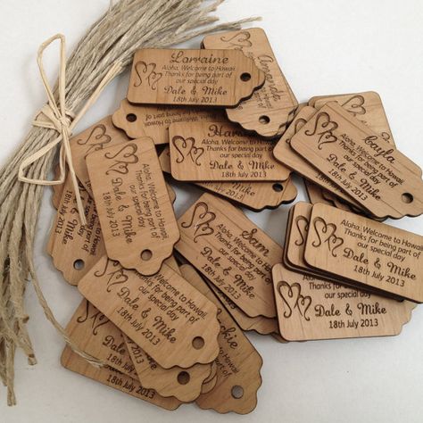 50 x Engraved Wooden Wedding Gift Tags by PersonalisedFavours Wood Labels, Knitting Labels, Labels Clothing, Clothes Tag, Custom Clothing Labels, Wood Clothes, Wedding Gift Tags, Kids Labels, Cotton Labels