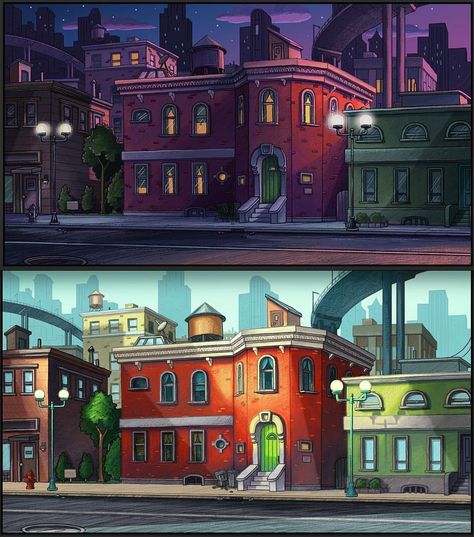 90s Cartoon Background, Downtown Cartoon, Hey Arnold House, Old Cartoon Background, Cartoon Network City, Hey Arnold Painting Canvas, Hey Arnold Background Art, Hey Arnold Characters, Arnold And Helga