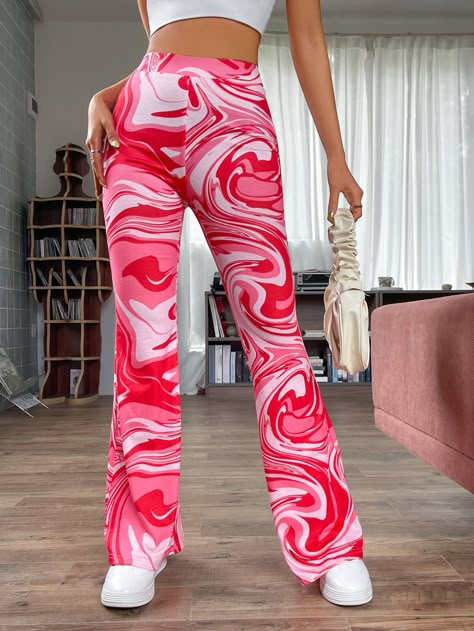 Pink Casual Collar  Knitted Fabric Marble Flare Leg Embellished High Stretch  Women Clothing Harry Styles Lot Outfit, Colourful Pants, Pink Top Outfit, Hslot Outfits, Circus Oc, Barbie Photoshoot, Flare Leg Trousers, Zebra Pant, Printed Pants Outfits