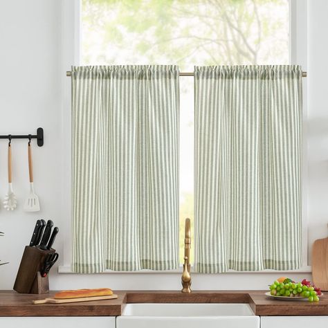 TOPICK Green Striped Small Curtains 36 Inch Drop Linen Kitchen Curtains Translucent Short Cafe Curtains Flax Light Filtering for Country Half Window Basement Sink Laundry Room Bathroom 2 Panels : Amazon.co.uk: Home & Kitchen Half Window Curtains, Rustic Curtain Rods, Cafe Curtain Rods, Small Curtains, Bathroom Farmhouse, Small Window Curtains, Laundry Room Bathroom, Tier Curtains, Farmhouse Curtains