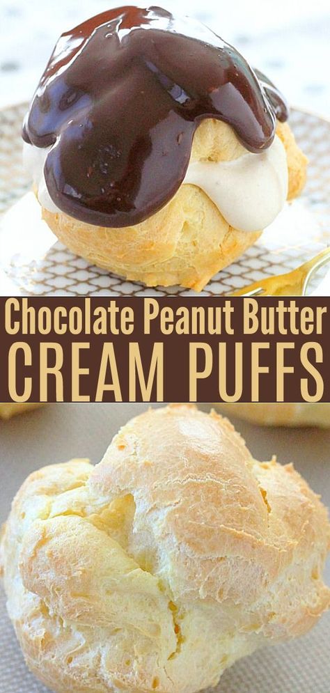 Homemade cream puffs filled with peanut butter whipped cream and topped with chocolate ganache. Peanut Butter Cream Puffs, Peanut Butter Pastry Cream, Peanut Butter Puff Pastry, Peanut Butter Pastry, Chocolate Cream Puff Filling, Elegant Deserts, Cream Puffs Recipe Easy, Buckeye Candy, Pastry Twists