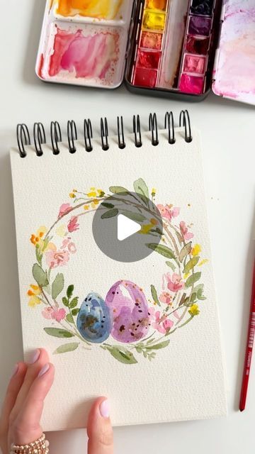 Anna Koliadych on Instagram: "Spring Easter wreath with watercolor 🌿🌸🪺 - a fun and easy way. Let’s make some Easter cards for your loved ones. #watercolor #watercolortutorial #craft #painting #easter" Easter Watercolour Painting, Easter Watercolor Tutorial, Watercolor Easter Cards Watercolour, Easy Easter Watercolor, Easter Watercolor Paintings, Easter Watercolor Paintings Easy, Easter Drawings Easy, Easter Acrylic Painting, Watercolour Easter Cards