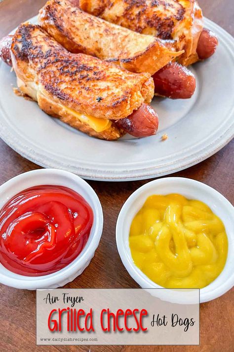 These Air Fryer Grilled Cheese Hot Dogs are pretty popular with the kids. A great afternoon snack or fun weekend treat, and even lots of picky eaters love them too! A fun combination of two popular kids favorites - my grandson loves them and I hope your kids love them too! Cheesy Hot Dog Roll Ups, Air Fryer Lunch Ideas For Kids, Hot Dog Meal Ideas, Airfryer Lunch Recipes, Healthy Air Fryer Lunch, Easy Air Fryer Dinners, Air Fryer Hot Dogs, Grilled Cheese Hot Dog, Cheese Hot Dogs