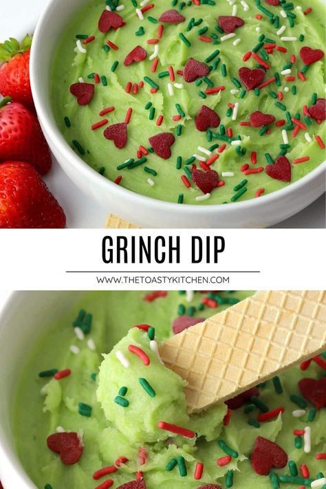 Make a batch of grinch dip for your next Christmas party! Grinch dip is a sweet sugar cookie dessert dip that can be served with graham crackers, vanilla wafers, and pretzels. Grinch Food Ideas Parties Appetizers, Grinch Food Ideas Parties, Grinch Dip, Grinch Dessert Ideas, Sugar Cookie Dip, Green Food Party, Grinch Christmas Treats, Grinch Food, Grinch Snack