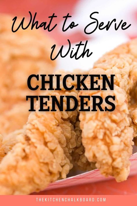 30+ Recipes to serve with chicken tenders. Low carb, healthy, and easy options from The Kitchen Chalkboard. These recipes make chicken tenders into dinner. Recipes With Breaded Chicken Tenders, What To Eat With Chicken Tenders, Sides To Go With Chicken Tenders, Chicken Tenders Sides Dishes, Chicken Tender Bar Party, What To Serve With Chicken Tenders, Sides With Chicken Tenders, Chicken Tenders Meal Ideas Dinners, Chicken Tender Side Dishes