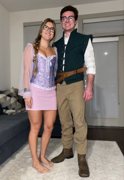 Cute costumes Guy Friends Halloween Costumes, Rapunzel And Flynn Costume College, Flinn Ryder Rapunzel Costume, Rapenzul And Flynn Costume, Rupunzle And Flynn Halloween Costume, Eugene And Rapunzel Costume, Rapunzel And Eugene Costume Halloween, Rapunzel Flynn Rider Costume, Flynn Ryder And Rapunzel Costume