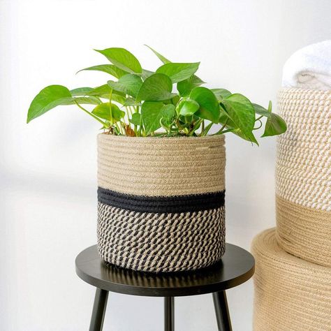 TIMEYARD Sturdy Jute Rope Plant Basket Modern Woven Basket up to 7.5 Inch Flower Pot Floor Indoor Planters, 8  x 8  Storage O Indoor Planter Decor, Rope Plant, Planter Cover, Plant Pot Covers, Home Decor Black, Plastic Flower Pots, Plant Basket, Decorative Planters, Jute Rope