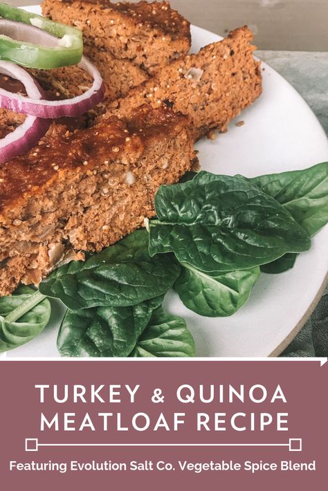 Try this delicious turkey and quinoa meatloaf recipe featuring Evolution Salt Co's Vegetable Spice Blend! Perfect make-ahead meal for a busy week, or to bring over to a loved one's home. #recipe #foodinspo #turkey #quinoa #meatloaf #spices #seasoning #letseat #weeknightmeal #makeaheadrecipe Meatloaf Spices, Turkey Quinoa Meatloaf, Ground Turkey Ideas, Quinoa Meatloaf, Stir Fry Dinner Recipes, Casserole With Spinach, Meatloaf With Oatmeal, Recipe Meatloaf, Turkey Quinoa