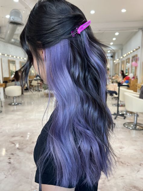 Peekaboo Hair Lavender, Lilac Purple Hair Underneath, Periwinkle Highlights Brunette, Brown Peekaboo Hair Color, Violet Peekaboo Highlights, Black And Fashion Color Hair, Periwinkle And Black Hair, Peekaboo Hair Purple And Brown, Periwinkle Balayage