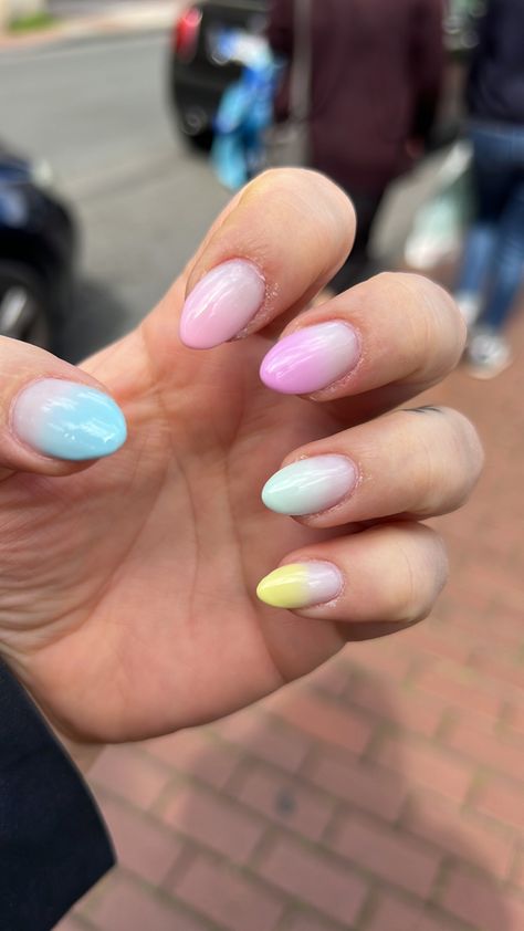 Almond Rainbow Nails, Pastel Rainbow Nails, Milky Nails, Rainbow Nails, Pastel Nails, Pastel Rainbow, Almond, Nail Art, Pastel