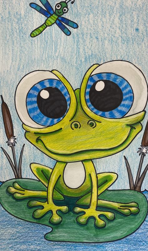 Colorful Pictures To Draw, Whimsical Frog Art, Cool Pictures To Paint, Funny Animal Paintings Easy, Frog Pictures Cartoon, Frog Painting Ideas, Frog Painting Easy, Frog Cartoon Drawing, Dekoratif Art