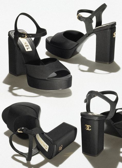 Summer Heels, Chanel Sandals, Platform Sandals Heels, Black Sandals Heels, Chanel Fashion, Pretty Shoes, Chanel Black, Sandals Black, Chanel Shoes