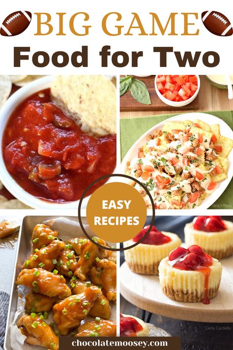 Don't miss our Big Game Food for Two recipes! These tailgating recipes are scaled down so you don’t end up with leftovers for days, including small batch queso, small batch brownies, and wings for two. We’re talking homemade queso, baked buffalo wings, Italian nachos, and more. Whether you’re serving 1-2 people or a small family, you’ll find the best Super bowl food ideas you’ll need here! Super Bowl For Two, Super Bowl Food For Two, Super Bowl Food For 2, Football Food For 2, Game Day Food For Two, Meals For One Or Two People, Lunch For Two People, Big Game Food, Snacks For Two