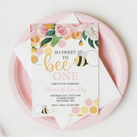 Bee Day bumblebee 1st Birthday pink floral Invitat Invitation - Birthday Invitation Bee Party Ideas 1st Birthdays, Babygirl 1st Birthday Party Themes, First Birthday Girl Ideas Themes, Sweet To Bee One Birthday Party, 1st Birthday Girl Bee Theme, Bee Themed 1st Birthday Party Girl, Baby Girl 1st Birthday Bee Theme, Happy First Bee Day, First Birthday Girl Bee Theme