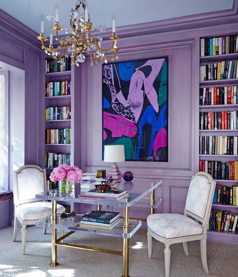 Purple office Contemporary Home Office, Purple Interior, Purple Rooms, Favorite Paint Colors, Purple Walls, Style Deco, Retro Home Decor, A Living Room, Retro Home