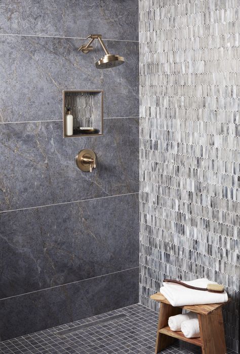 7 Glass Tile Bathroom Ideas Worthy of Your "Dream Home" Pinterest Board | Hunker Blue Stone Bathroom, Square Bathroom Ideas, Blue Tiled Bathroom, Glass Tile Bathroom, Large Tiles, Bad Inspiration, Glass Subway Tile, Large Tile, Shower Niche