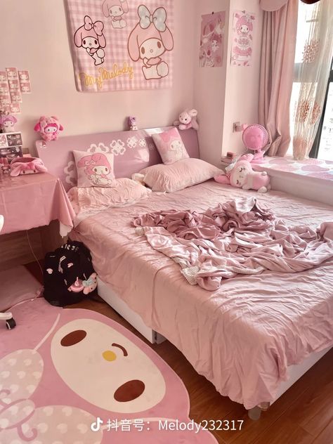 My Melody Bedroom Aesthetic, My Melody Room Decor, Sanrio Bed, My Melody Room, Melody Room, Sanrio Bedroom, Room Ideas Cozy, Nyc Rooms, Bedroom Cute