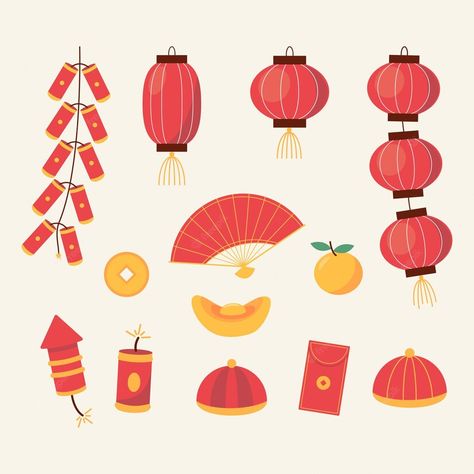 Chinese New Year Element, Chinese New Year Festival, Japanese New Year, Flat Style, Vector Photo, Chinese New Year, Fashion Flats, Premium Vector, Graphic Resources