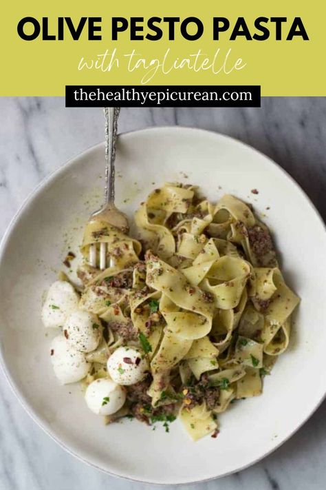 An overhead shot of a bowl of olive pesto pasta. Olive Pesto Recipe, Green Olive Pasta, Lidias Italy Recipes, Pasta With Olives, Olive Pesto, Green Herbs, Vegetarian Pasta, Pesto Sauce, Pesto Pasta