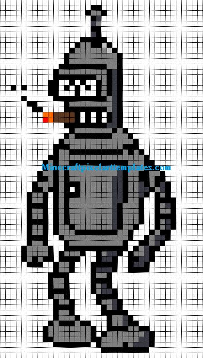 Minecraft Pixel Art Templates: Bender (Futurama) Futurama Cross Stitch, Rick And Morty Pixel Art, Pixel Art Templates Pattern, Minecraft Pixel Art Templates, Funny Pixel Art, Bender Futurama, Futurama Bender, Image Pixel Art, Perler Pattern