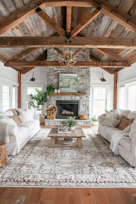 Emslifeandloves Farmhouse Exterior Ideas, Country Home Exterior, Vaulted Ceiling Living Room, Farmhouse Living Room Ideas, Log Home Interiors, Earthy Home Decor, Shiplap Walls, French Style Homes, Rustic Home Design