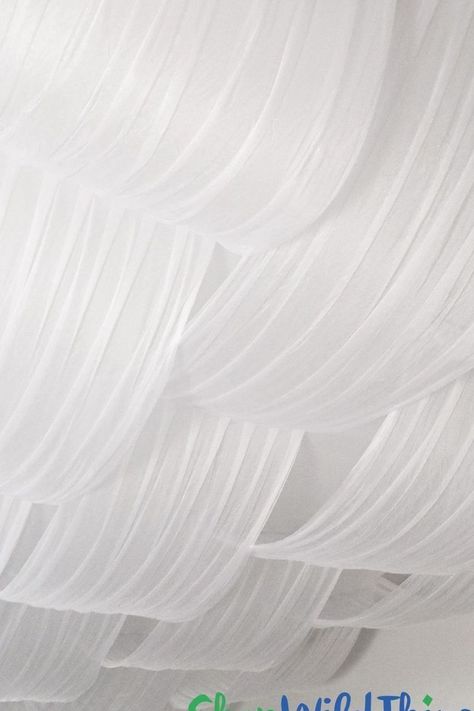 Fabric Ceiling Drape "Clouds", 10' W x 20'L Pleated Tulle Canopy with 42 Loops (or Secure Points), Completely Hides Ceiling While Providing Elegant Feathery SwagsEverything you see here is ONE piece! Clouds Ceiling, Decorative Ceiling Panels, Tulle Canopy, Ceiling Drapes, Ceiling Draping, Fabric Ceiling, Pleated Tulle, Soundproof Room, Blue And White Fabric