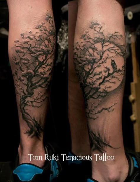 Tree Sleeve Tattoo, Owl Tattoo Drawings, Tree Tattoo Men, Tattoo Son, Tattoo Tree, Tree Moon, Owl Moon, Tree Tattoos, Tree Tattoo Designs