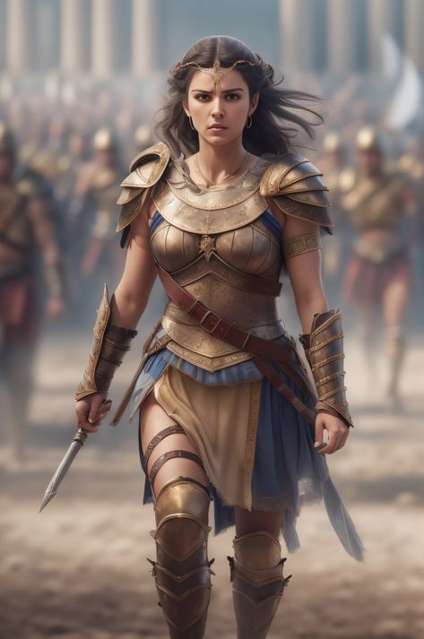 A woman in armor walking through a field with other people Greek Armor Female, Greek Warrior Woman, Gladiator Female, Woman In Armor, Female Gladiator, She Is Fearless, Mighty Warrior, Female Warriors, Greek Women