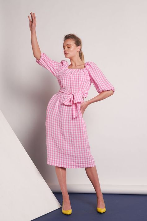 Rapture Dress, Belted Dress, Gingham Dress, Pink and White Gingham, Gingham Linen, Spring Dress, Transeasonal Dress, Spring 2021 Collection, Summer 2021 Collection, Brigid Mclaughlin Grown Style, Pink Check Dress, Pink Gingham Dress, Making Dresses, Gingham Linen, Myanmar Dress, Dress Spring, Pink Gingham, Gingham Dress