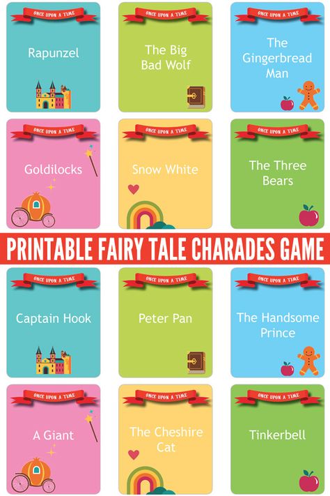 Printable Fairy Tale Charades Game: Perfect for family game night, class groups and youth groups Easy Family Games, Charades For Kids, Family Literacy Night, Charades Cards, Fairy Tale Activities, Fairy Tales Unit, Fractured Fairy Tales, Charades Game, Family Literacy