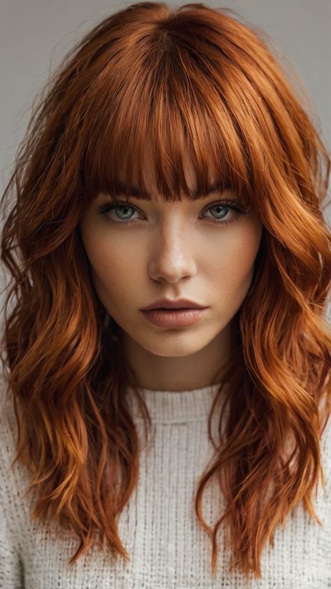 Edgy Copper Fringe: Chic Bright Copper Hair Look Copper Hair Fringe, Copper Fringe, Bright Copper Hair, Lavender Highlights, Edgy Hair Color, Copper Ombre, Peekaboo Color, Platinum Highlights, Bright Copper