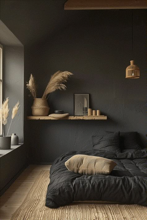 Black Japandi Bedroom, Dark Minimalism Interior, Moody Japandi Bedroom, Dark Japanese Bedroom, Minimal Bedroom Design Ideas, Dark Japandi Bedroom, Dark Scandinavian Bedroom, Minimal Room Aesthetic, Moody Japandi