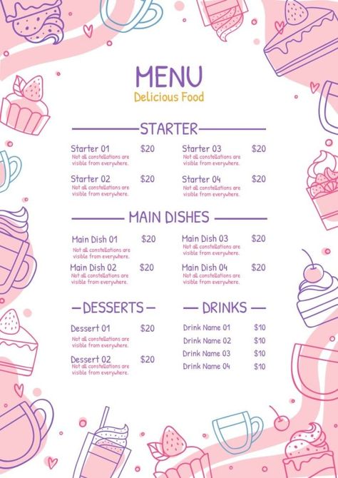 Kawaii Menu Template, Cute Menus Design, Sweet Menu Design, Cupcake Menu Design, Cookie Menu Design, Cute Menu Ideas, Bakery Menu Design Templates, Dessert Menu Design Ideas, Bakery Menu Ideas