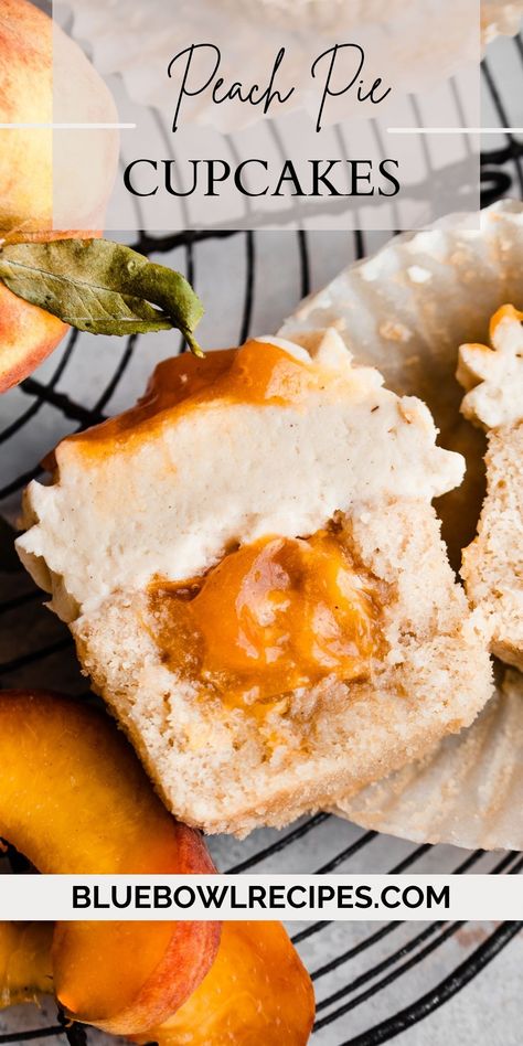 Peach Cupcakes are a dreamy summer dessert! They are made with fluffy brown sugar cupcakes, filled with homemade peach pie filling, and topped with a silky cinnamon cream cheese frosting. You'll impress everyone you share these cupcakes with! #peachcupcakes #peachdesserts #peachrecipes #peaches #cupcakes #cupcakerecipes #peachpie #summerdesserts #thanksgivingdesserts #thanksgivingrecipes #fourthofjulydessert #bluebowlrecipes | bluebowlrecipes.com Peach Cobbler Cupcake Recipe, Peach Cupcakes With Box Cake, Peach Cupcakes Recipe Cake Mixes, Peach Filled Cupcakes, Honey Peach Cream Cheese Cupcakes, Muffin Recipes Peach, Peach Cupcakes With Peach Buttercream, Peach Cobbler Cupcakes, Fruity Cupcakes